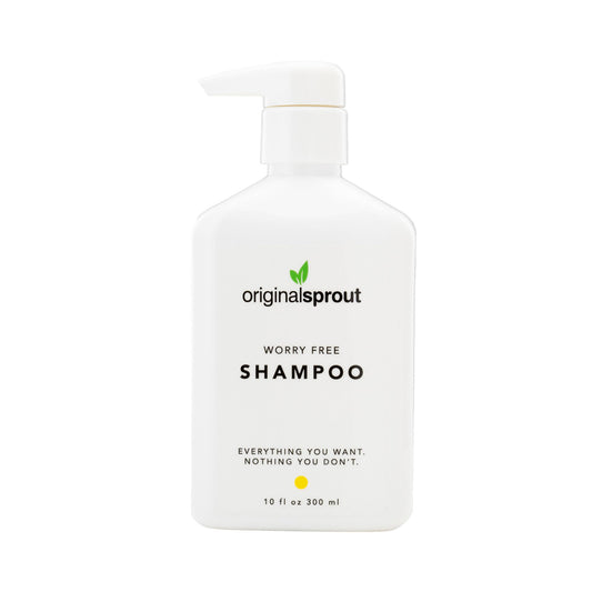 Original Sprout Worry Free Shampoo bottle on sink shows gentle cleansing for all hair types