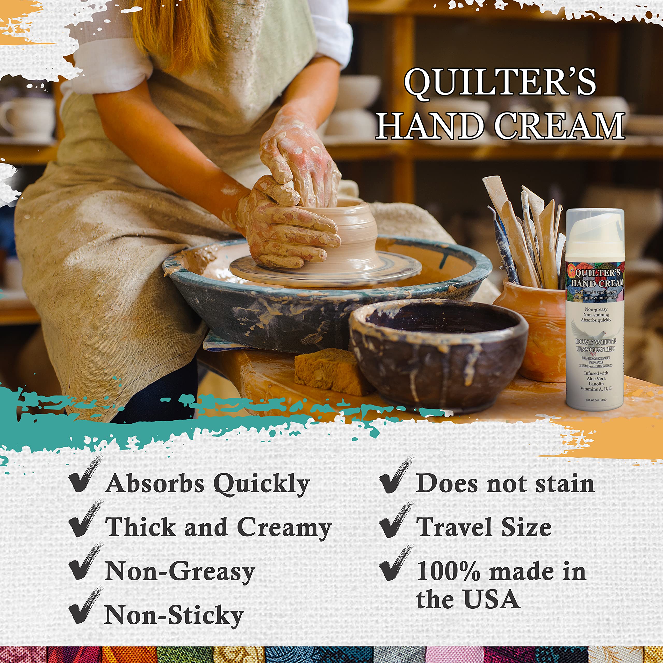 Fabric-safe Quilter’s Hand Cream avoids staining fabrics