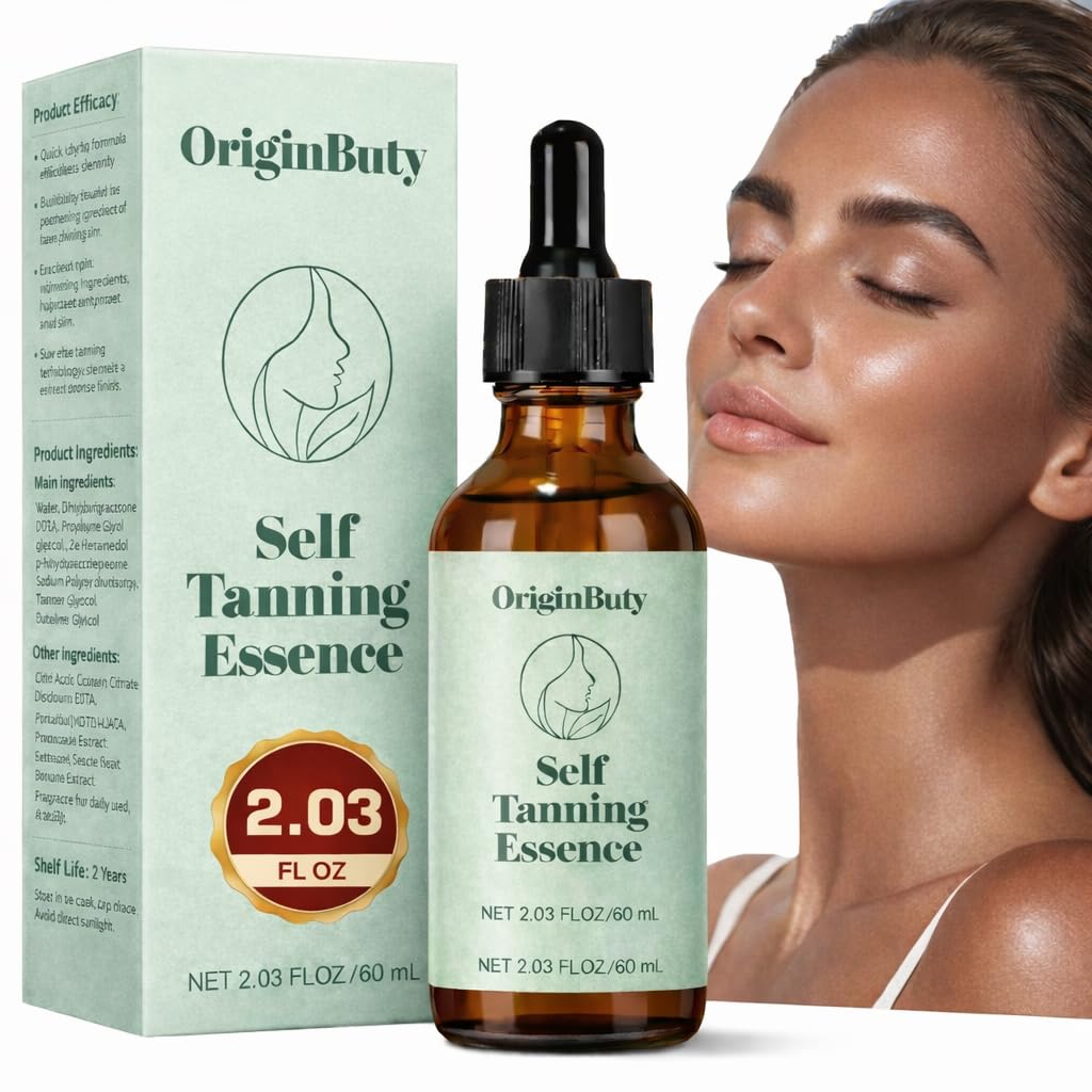 Originbuty Face Tanning Drops bottle shows DHA formula for a natural glow.