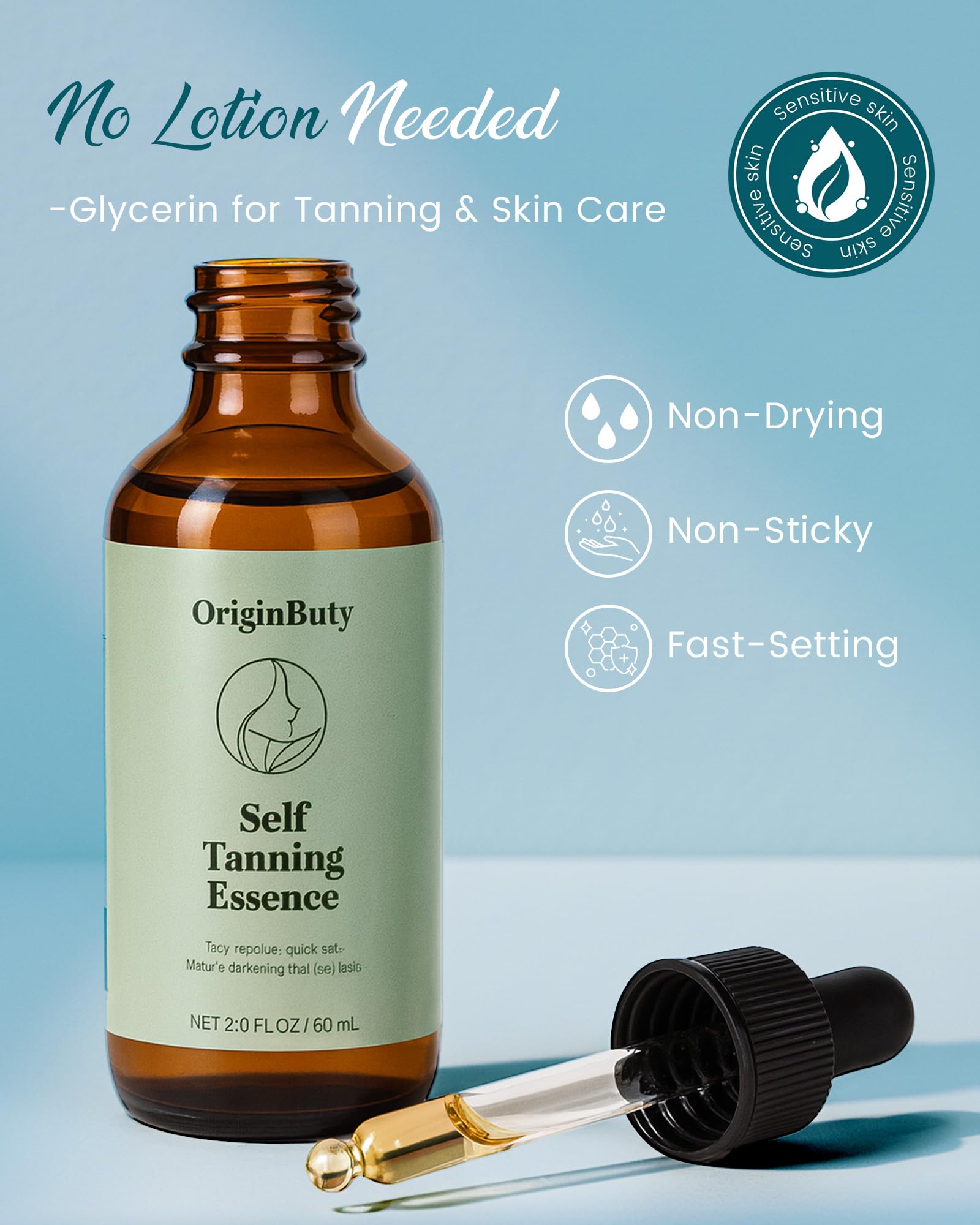 Originbuty Face Tanning Drops dropper delivers controlled DHA for gradual color.