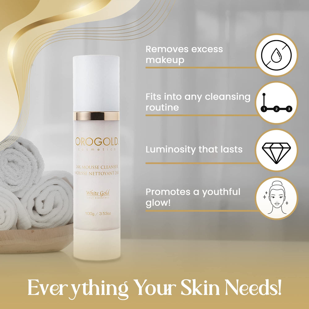 OROGOLD White Gold 24K Mousse Cleanser bottle cap close-up with luxe design.