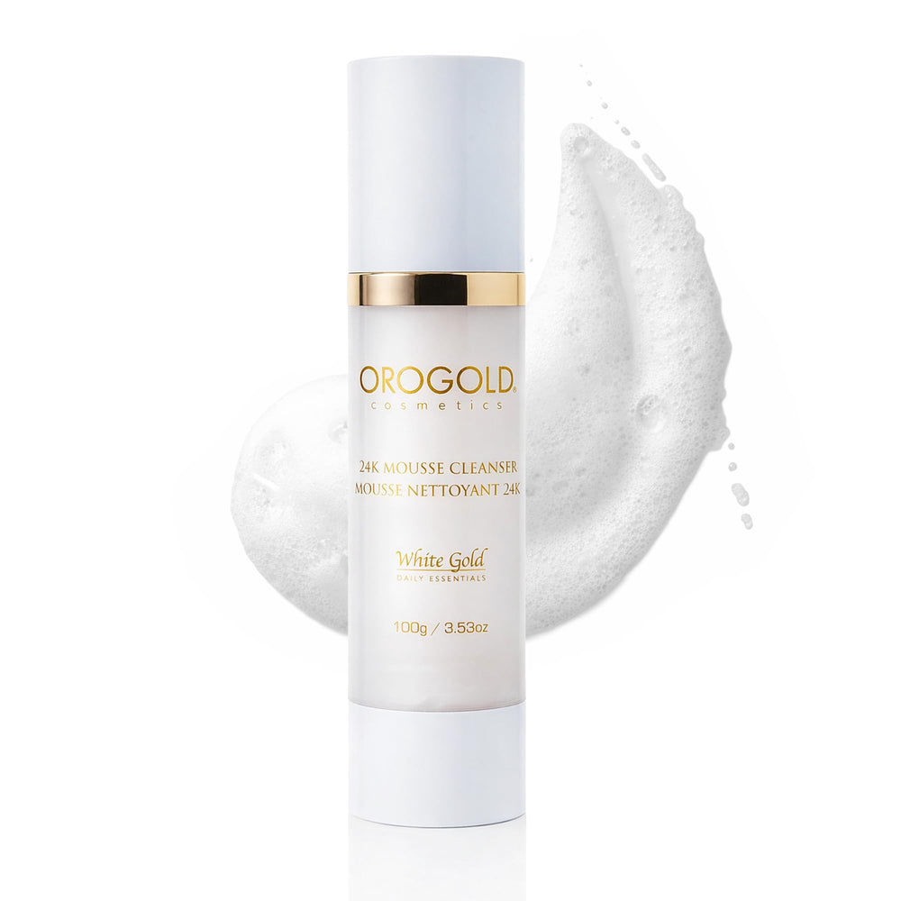 OROGOLD White Gold 24K Mousse Cleanser bottle front for gentle makeup removal.