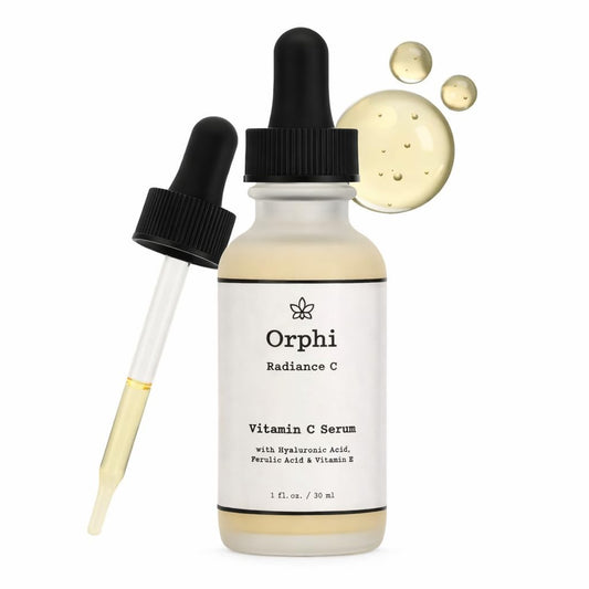 Orphi Radiance C Serum bottle front shows fragrance-free hydration for radiant skin.