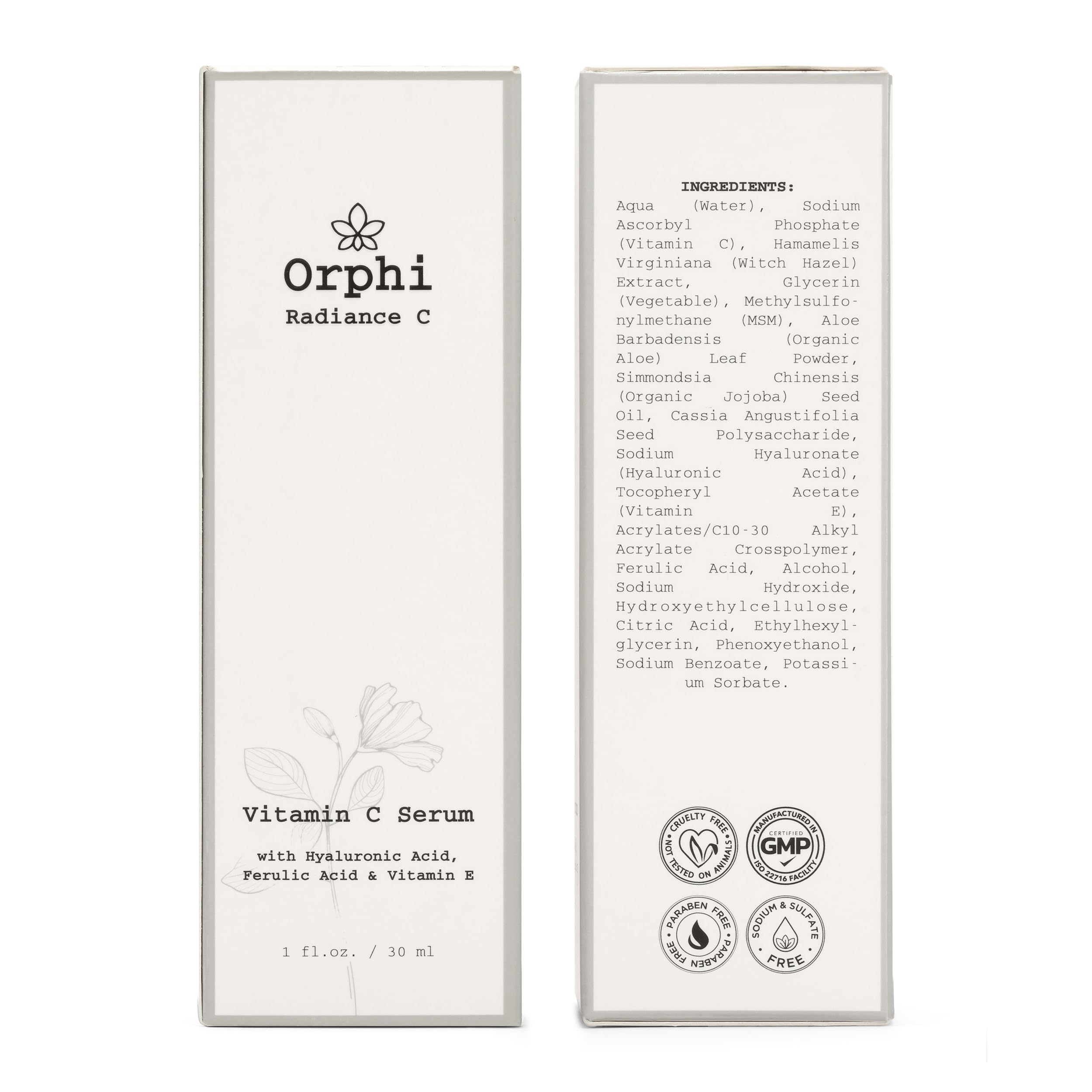 Orphi Radiance C Serum highlights ferulic acid and vitamin E.