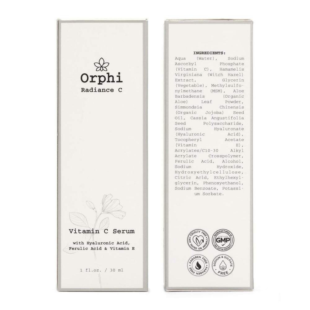 Orphi Radiance C Serum highlights ferulic acid and vitamin E.