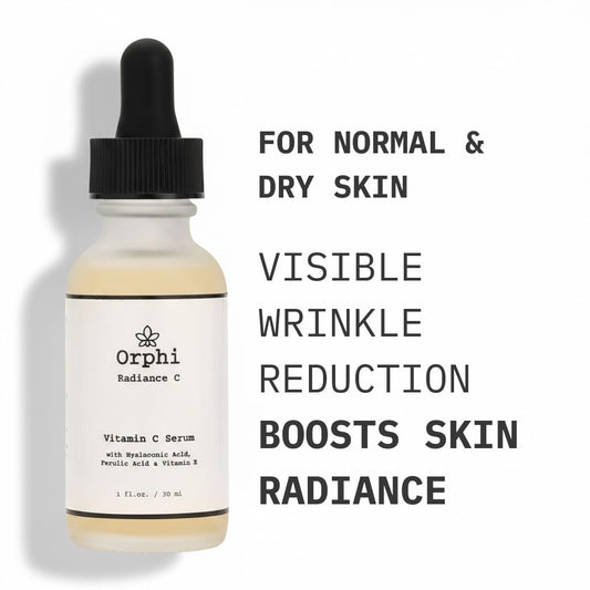 Orphi Radiance C Serum packaging box highlights fragrance-free formula and premium ingredients.