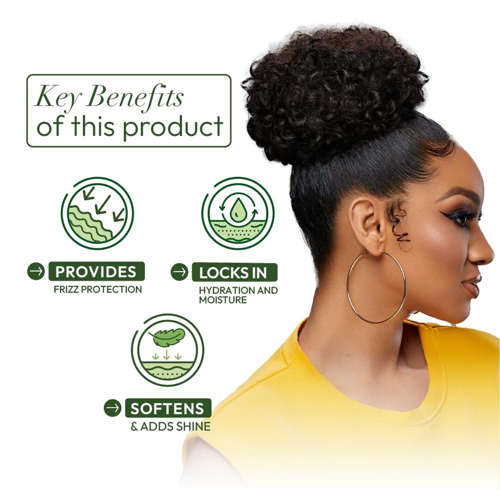 ORS Olive Oil Anti-Frizz Glossing Hair Polisher on hair strand for sleek finish.