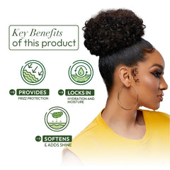 ORS Olive Oil Anti-Frizz Glossing Hair Polisher on hair strand for sleek finish.