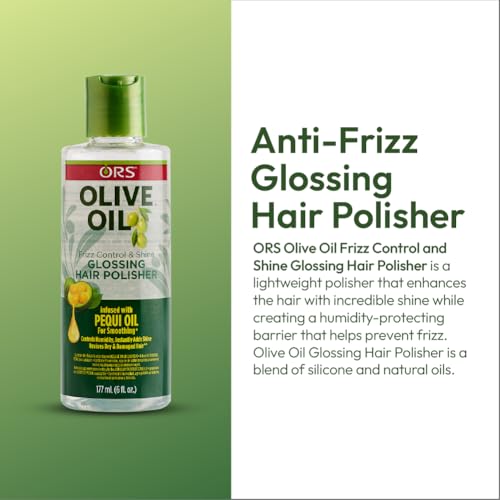 ORS Olive Oil Anti-Frizz Glossing Hair Polisher bottle close-up shows glossy texture.