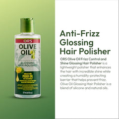 ORS Olive Oil Anti-Frizz Glossing Hair Polisher bottle close-up shows glossy texture.