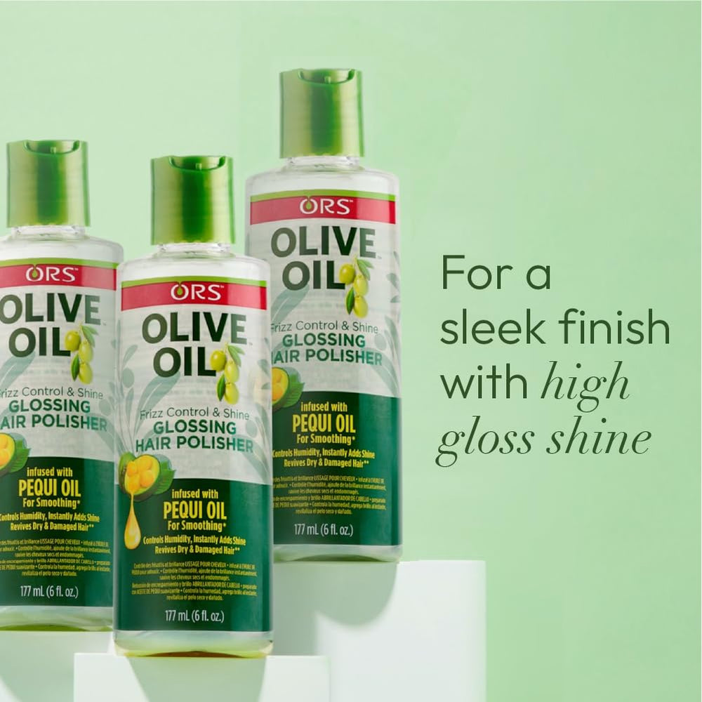 ORS Olive Oil Anti-Frizz Glossing Hair Polisher on damp hair mid-shots.
