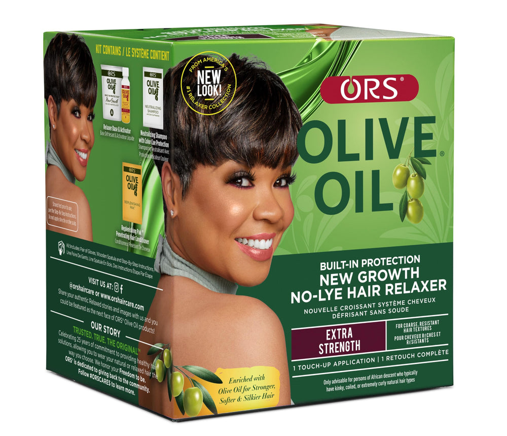 ORS Olive Oil Build-In Protection No-Lye Relaxer kit box and tubes for easy at-home use.
