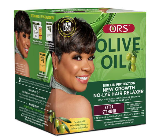 ORS Olive Oil Build-In Protection No-Lye Relaxer kit box and tubes for easy at-home use.