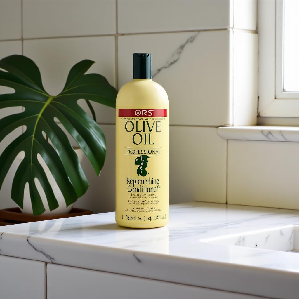 ORS Olive Oil Replenishing Conditioner on a bathroom surface demonstrates real life use