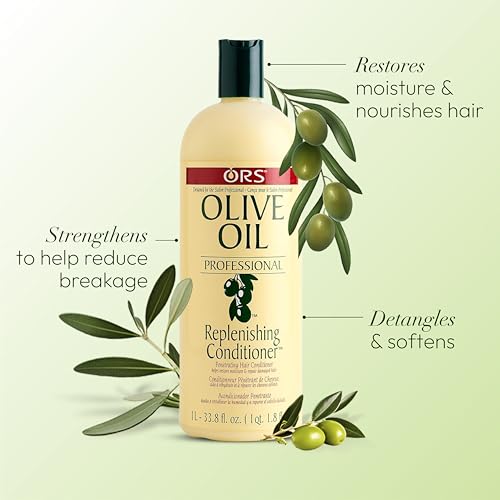 ORS Olive Oil Replenishing Conditioner liquid texture hints at easy slip for detangling