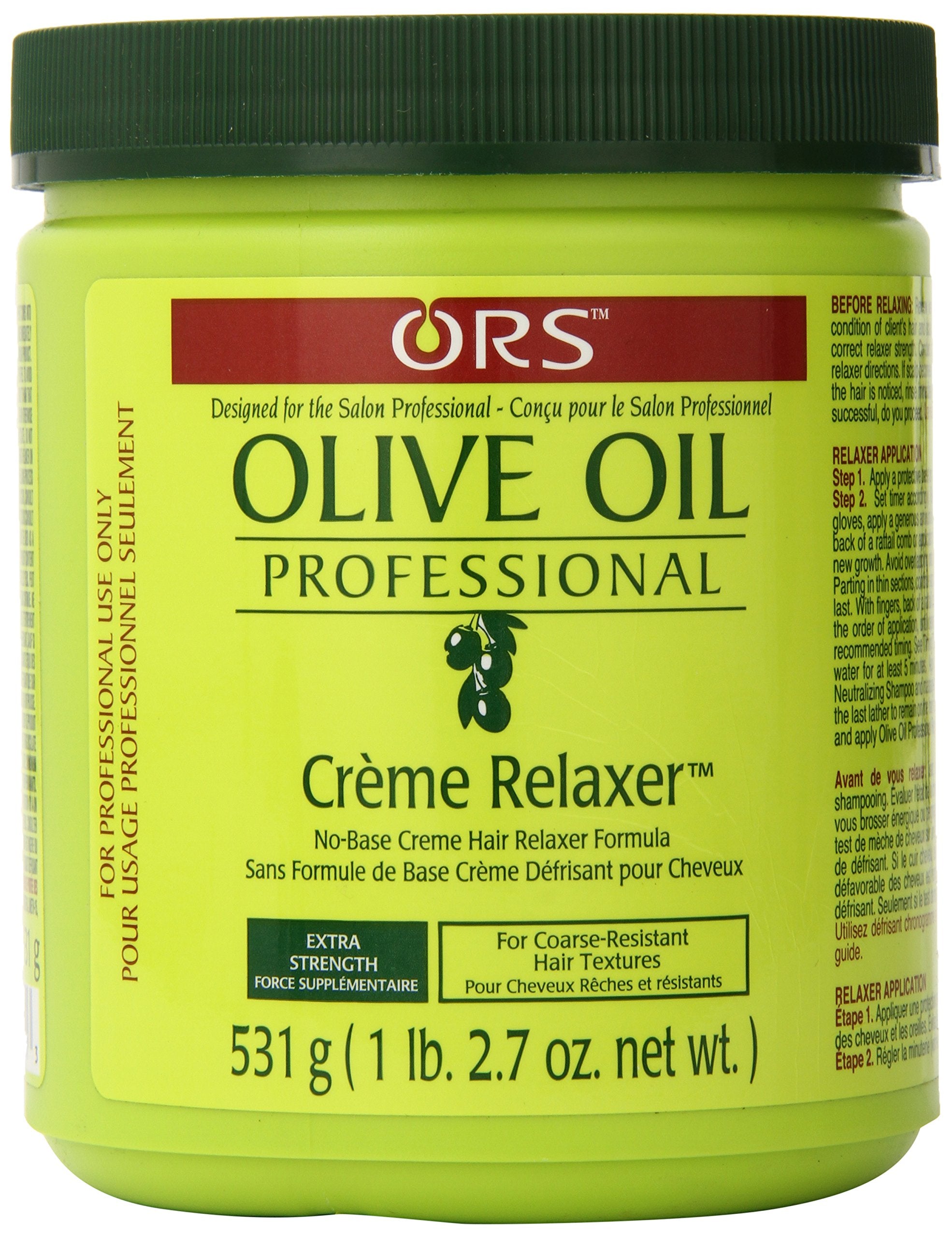 ORS Olive Oil Creme Relaxer jar close-up highlights extra strength formula for home use