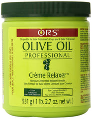 ORS Olive Oil Creme Relaxer jar close-up highlights extra strength formula for home use