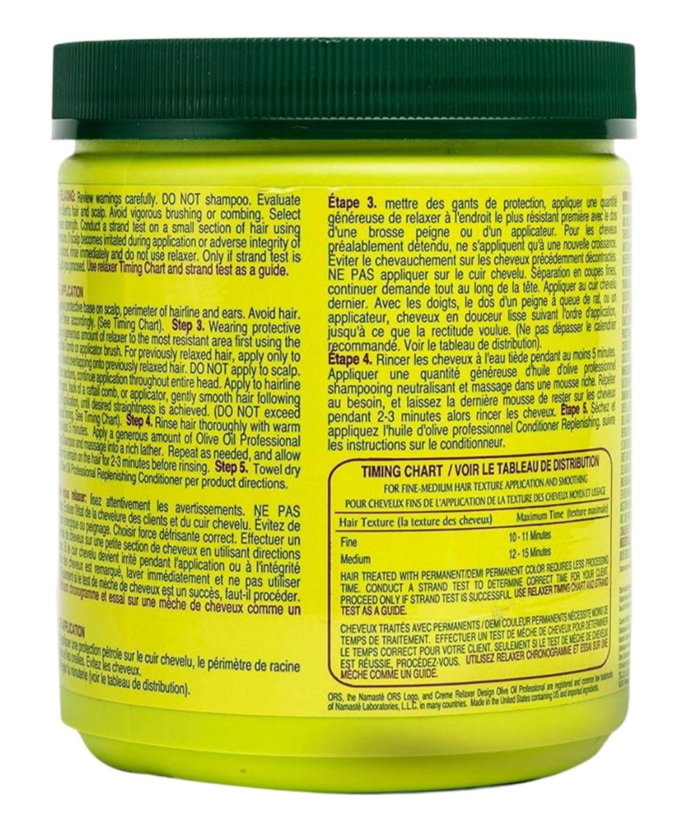 ORS Olive Oil Creme Relaxer jar label closeup highlighting olive oil conditioning benefits.