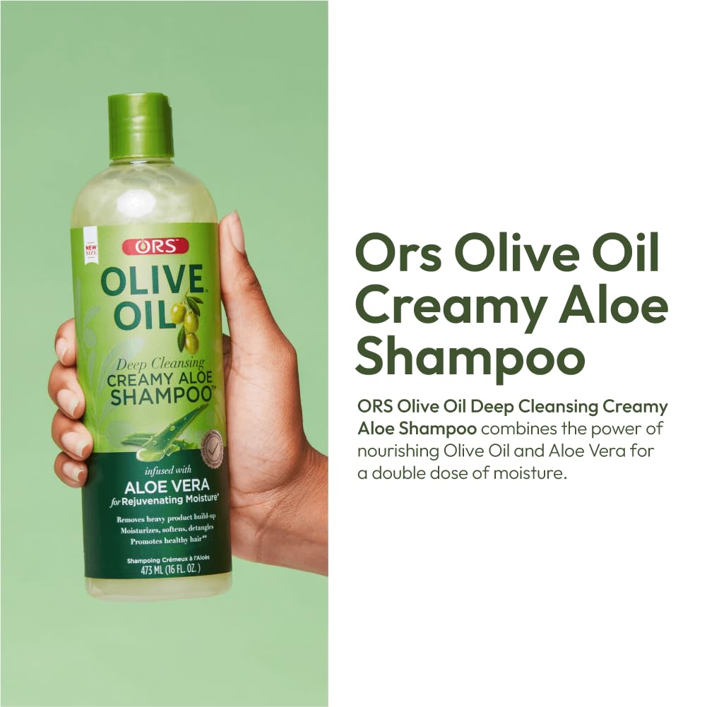 ORS Olive Oil Deep Cleansing Shampoo close-up reveals creamy texture ready for scalp massage.