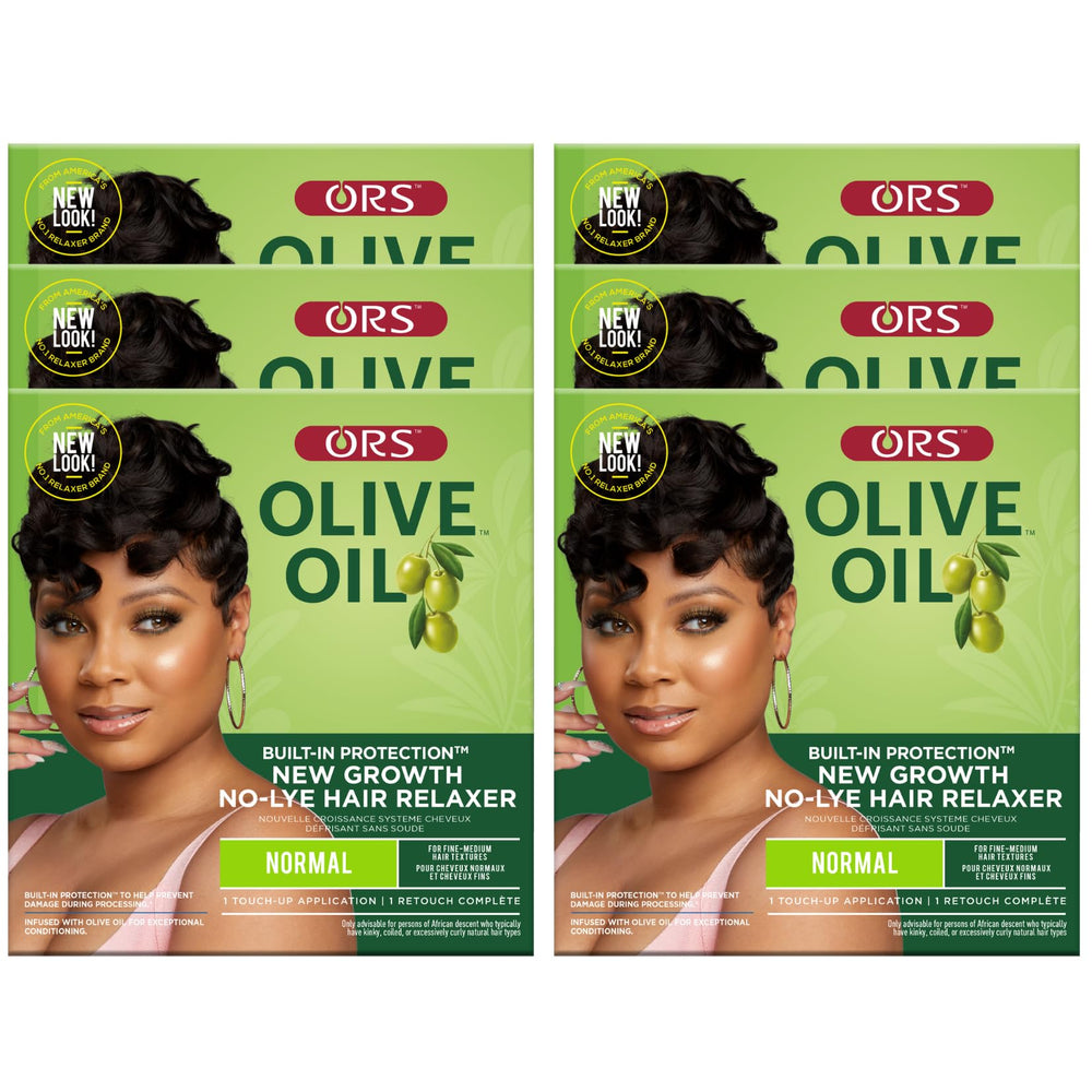 ORS Olive Oil New Growth Relaxer bottle showing built-in protection for new growth