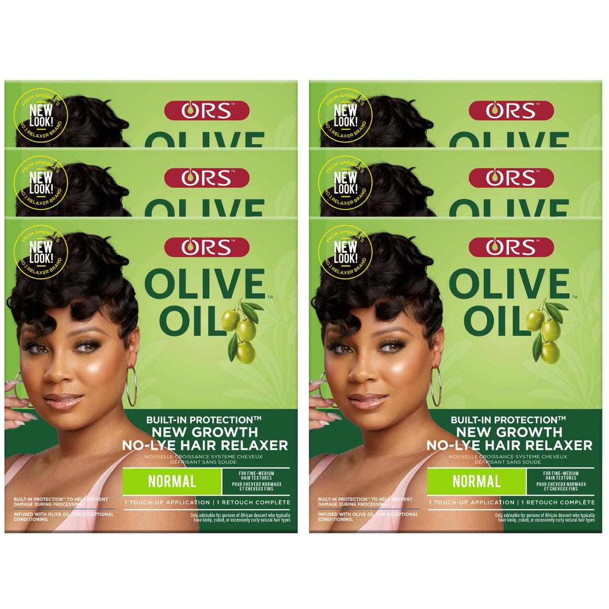 ORS Olive Oil New Growth Relaxer bottle showing built-in protection for new growth