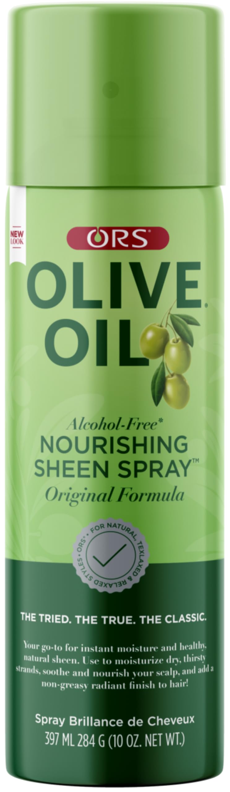 ORS Olive Oil Nourishing Sheen Spray bottle delivers lightweight shine for all hair textures
