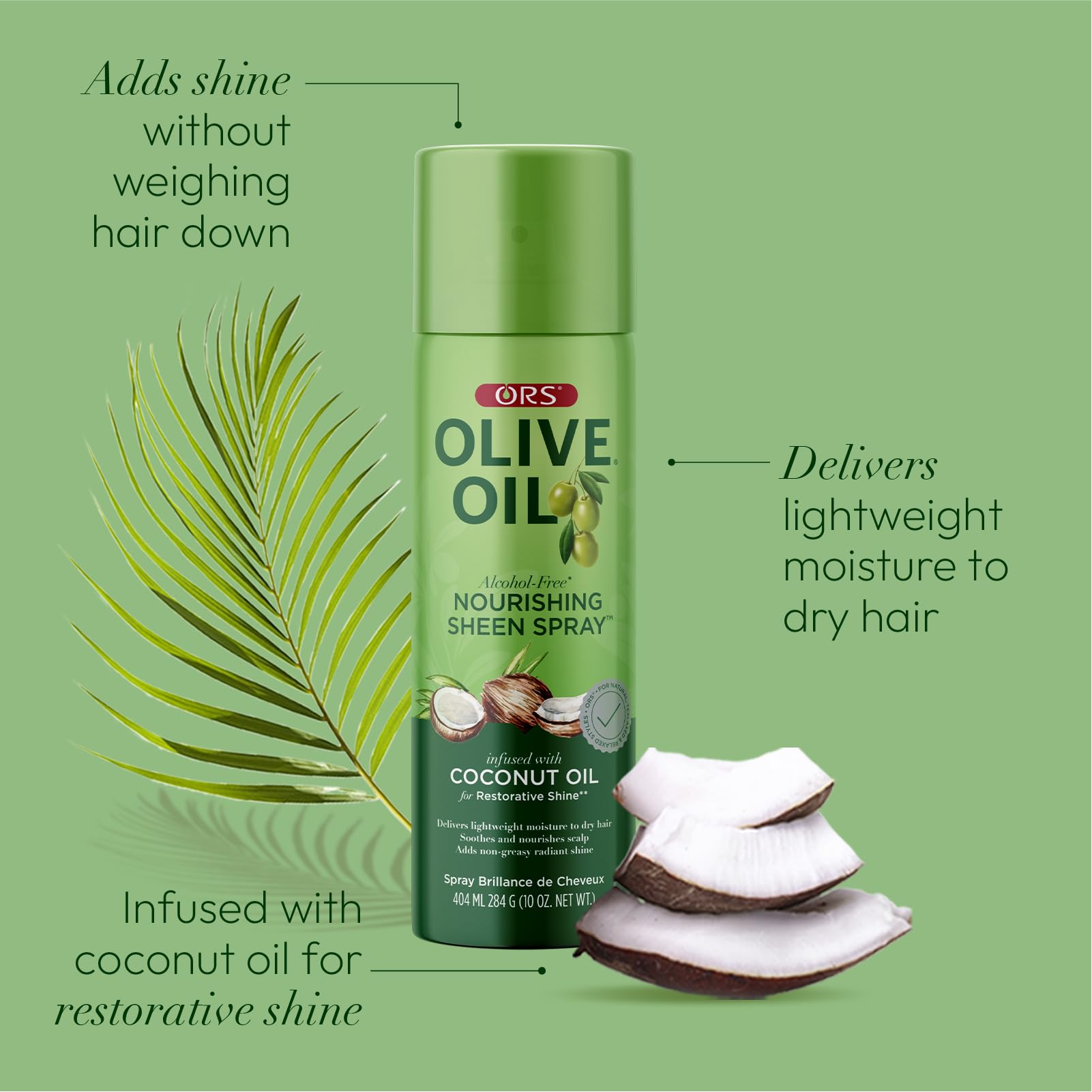 ORS Nourishing Sheen Spray creates radiant shine on dull strands.