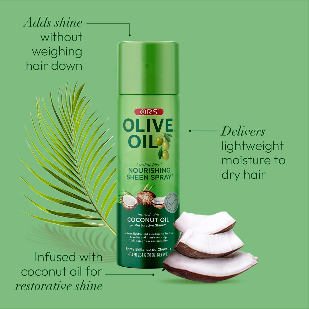 ORS Nourishing Sheen Spray creates radiant shine on dull strands.