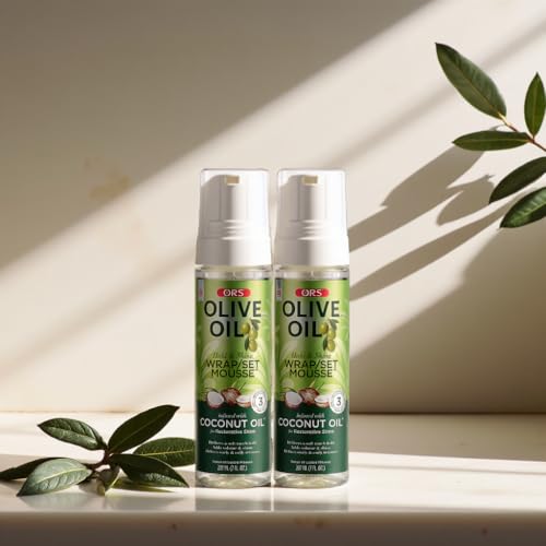 ORS Olive Oil Wrap Set Mousse applied to hair during wrap routine for smoother sections