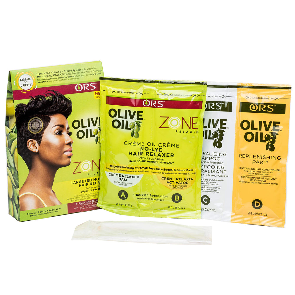 ORS Olive Oil Zone Relaxer Kit finished-hair close-up showing shine.