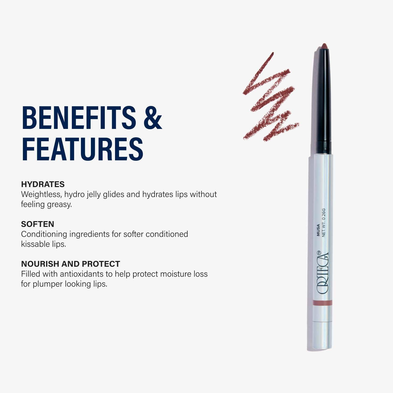 Ortega Lip Liner delivers a matte finish and sharp outline.
