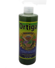 Ortiga Shampoo bottle on white backdrop highlighting nettle extract for healthy scalp.