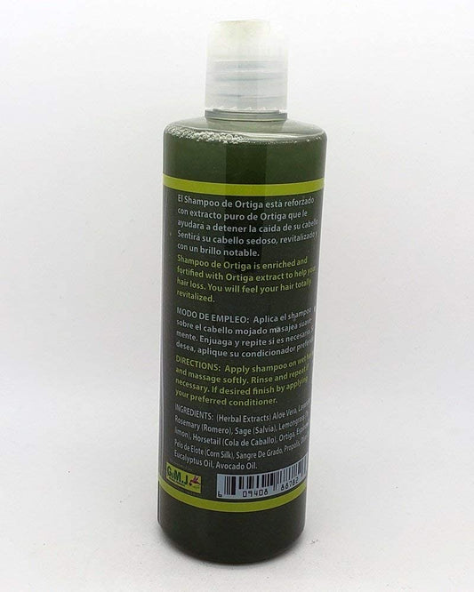 Ortiga Shampoo label close-up showing natural herbs for gentle cleansing.