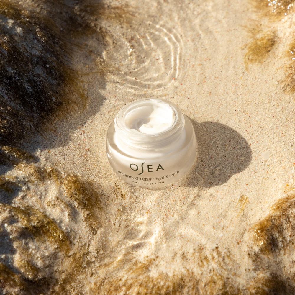 Illustration or closeup of seaweed and squalane ingredients in OSEA eye cream.