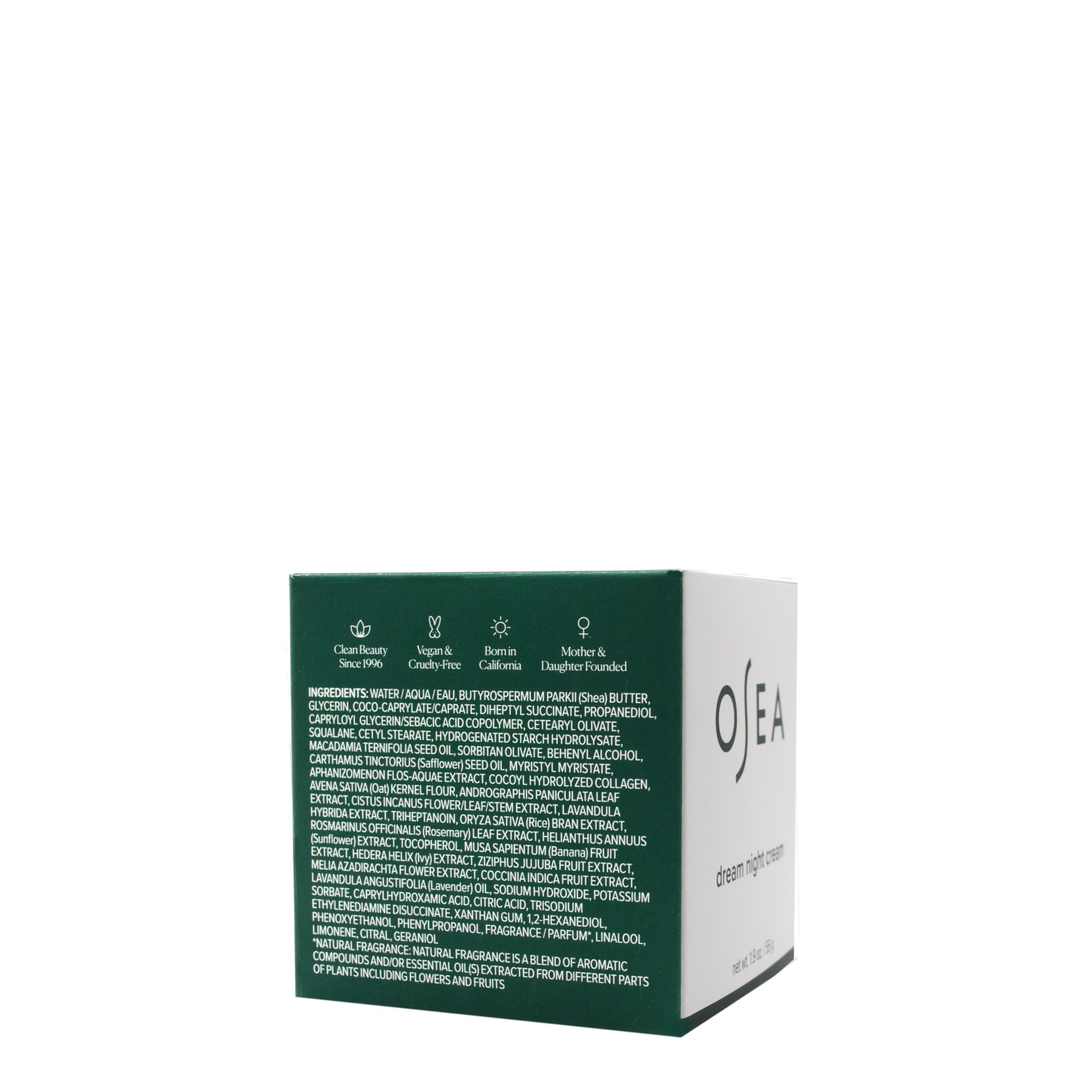 Backlit OSEA Dream Night Cream packaging conveys luxury hydration