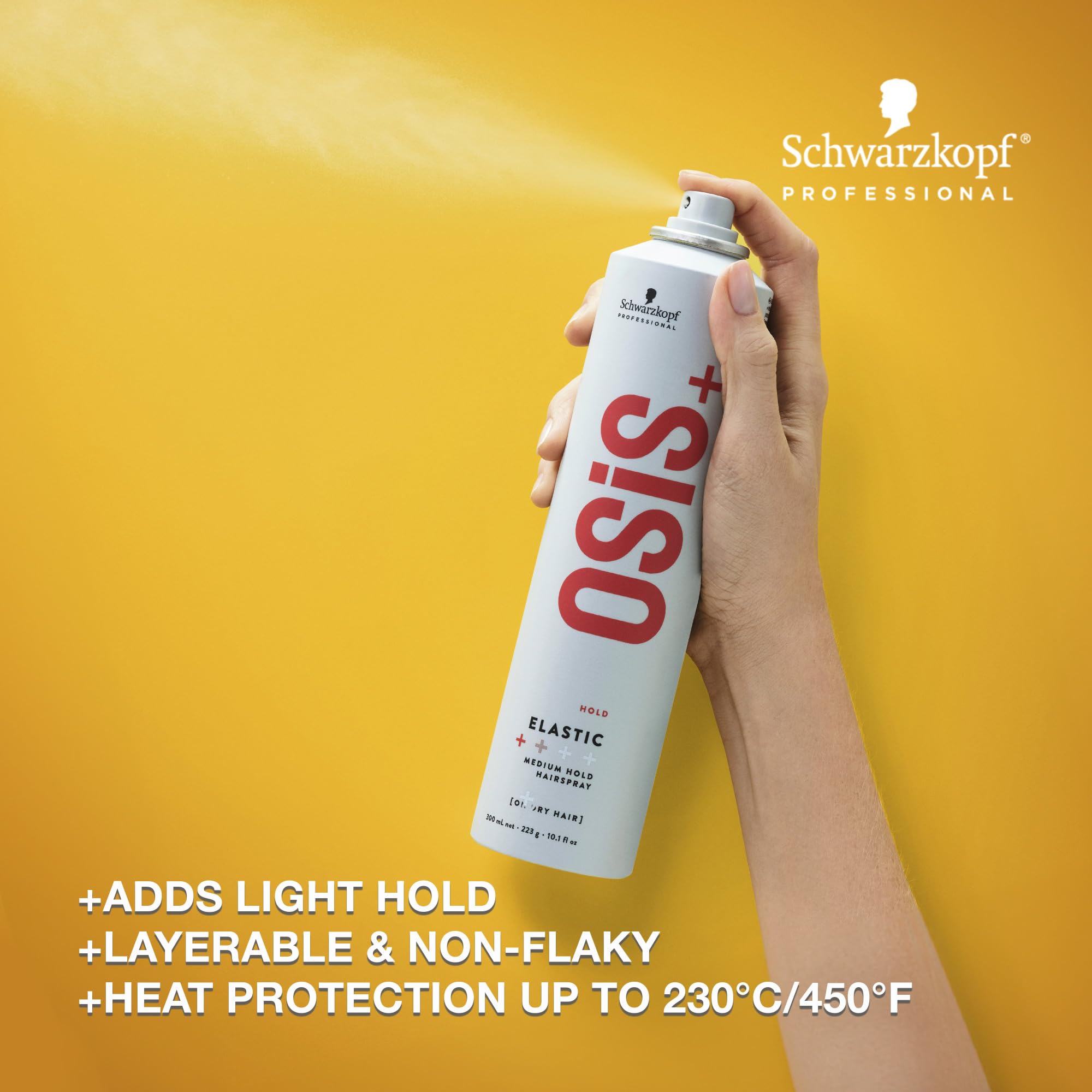 OSiS+ Elastic Light Hold Hairspray nozzle delivering even distribution for flexible styling.