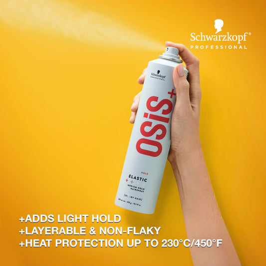 OSiS+ Elastic Light Hold Hairspray nozzle delivering even distribution for flexible styling.