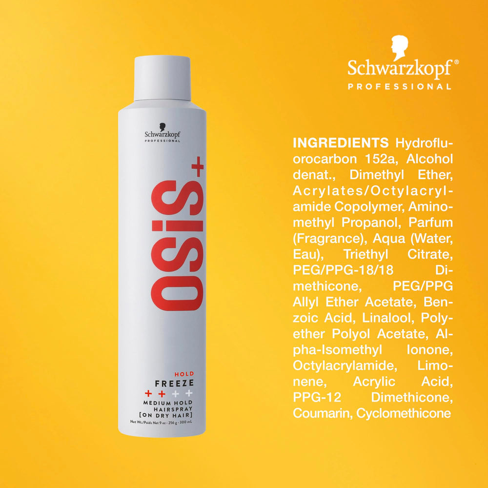 OSiS+ Freeze mist being sprayed on dry hair for quick hold.