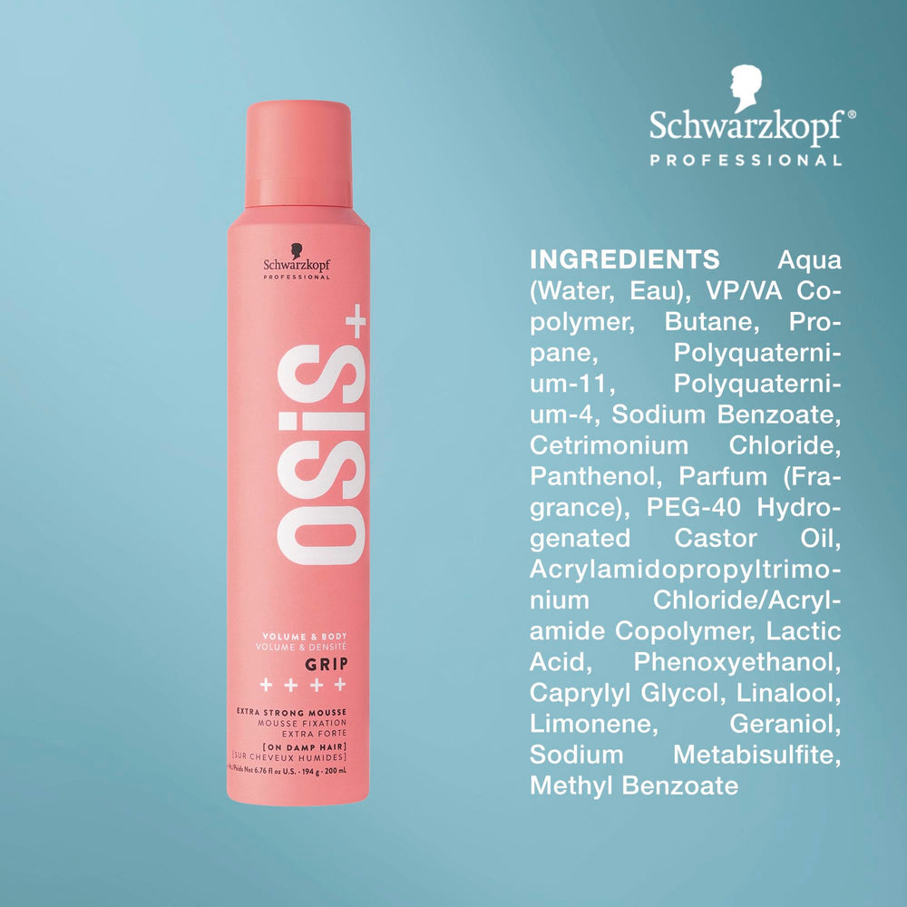 OSiS+ Grip Extreme Hold Mousse applied to damp hair for strong hold