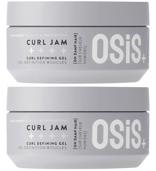 OSiS+ Curl Jam bottle pour demonstrates easy damp-hair application for defined curls.