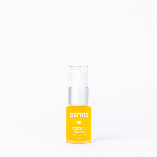 Osmia Natural Restore Serum carrot-seed oil dropper highlights nourishing texture enhancement.