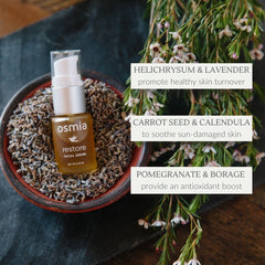 Osmia Natural Restore Serum pomegranate oil bottle emphasizes antioxidant-rich shine.