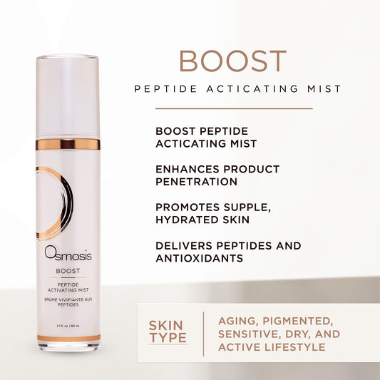 OSMOSIS BOOST mist spray close-up demonstrates easy refresh and hydration
