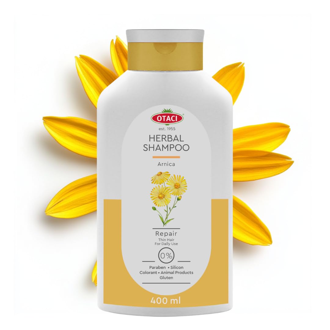 OTACI Herbal Strengthening Shampoo bottle with arnica promotes fuller hair daily.