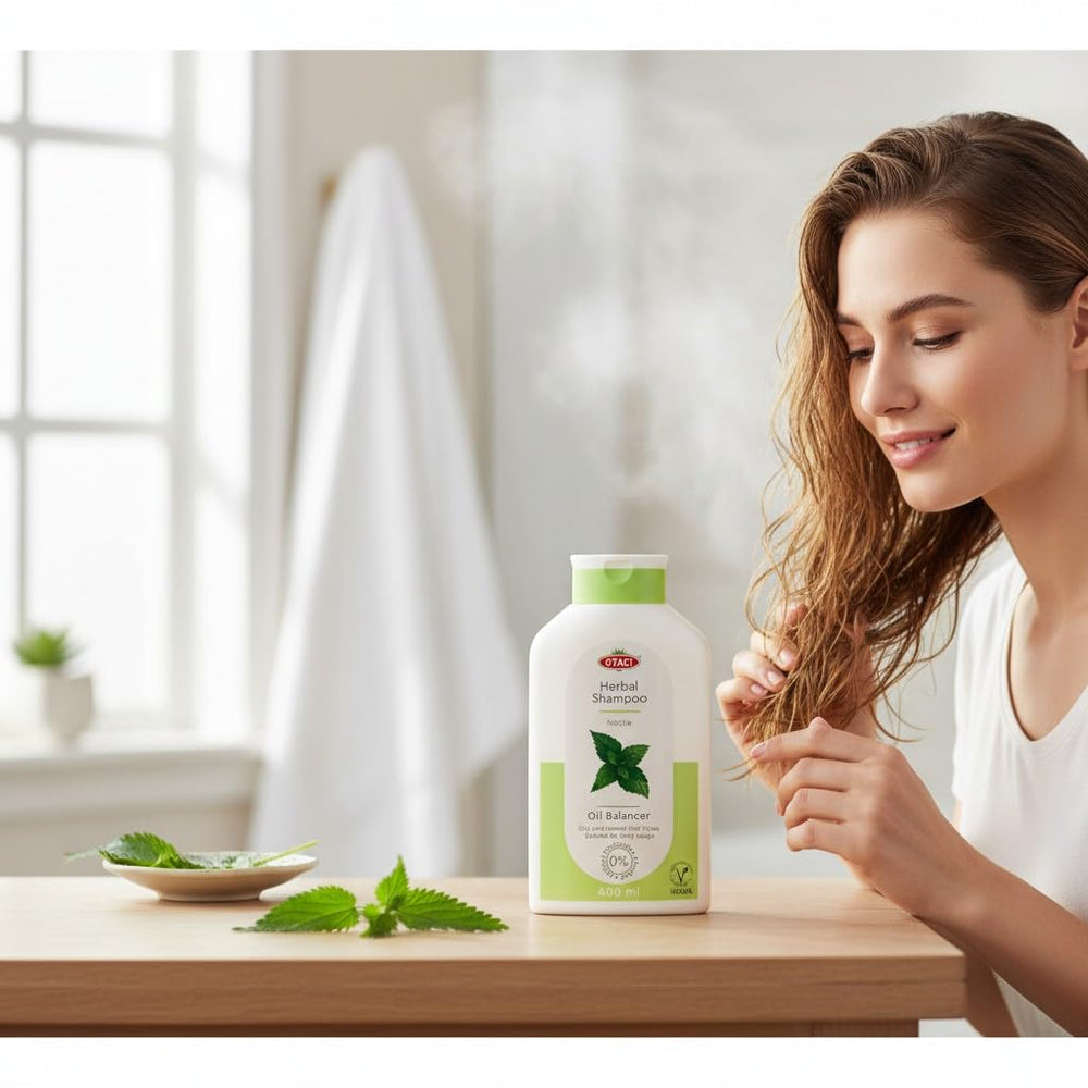 OTACI oil balancing nettle shampoo bottle pour demonstrates easy, mess-free daily application