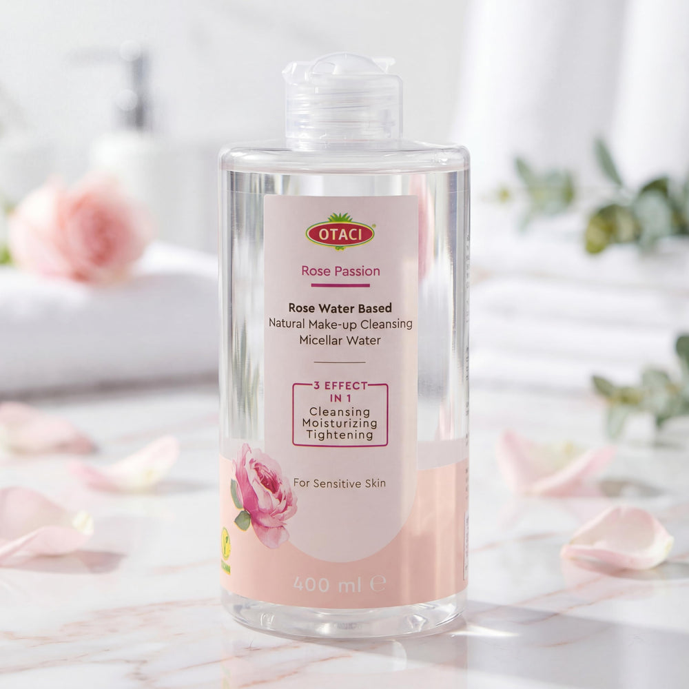 OTACI Rose Passion micellar water on cotton pad for easy makeup removal.