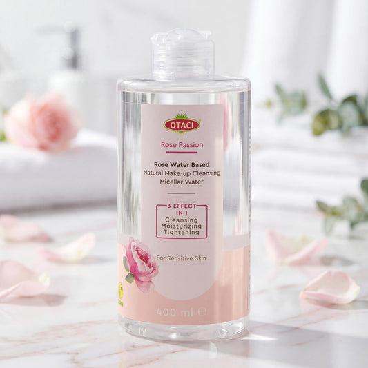 OTACI Rose Passion micellar water on cotton pad for easy makeup removal.