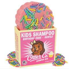 Otter Co Kids Birthday Cake Shampoo Bar in biodegradable packaging ready for travel