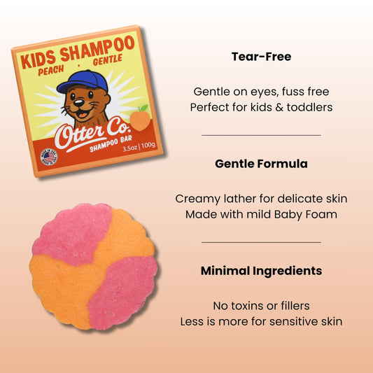 Otter Co Kids Gentle Peach Shampoo Bar packaging with compostable box and plastic-free design.