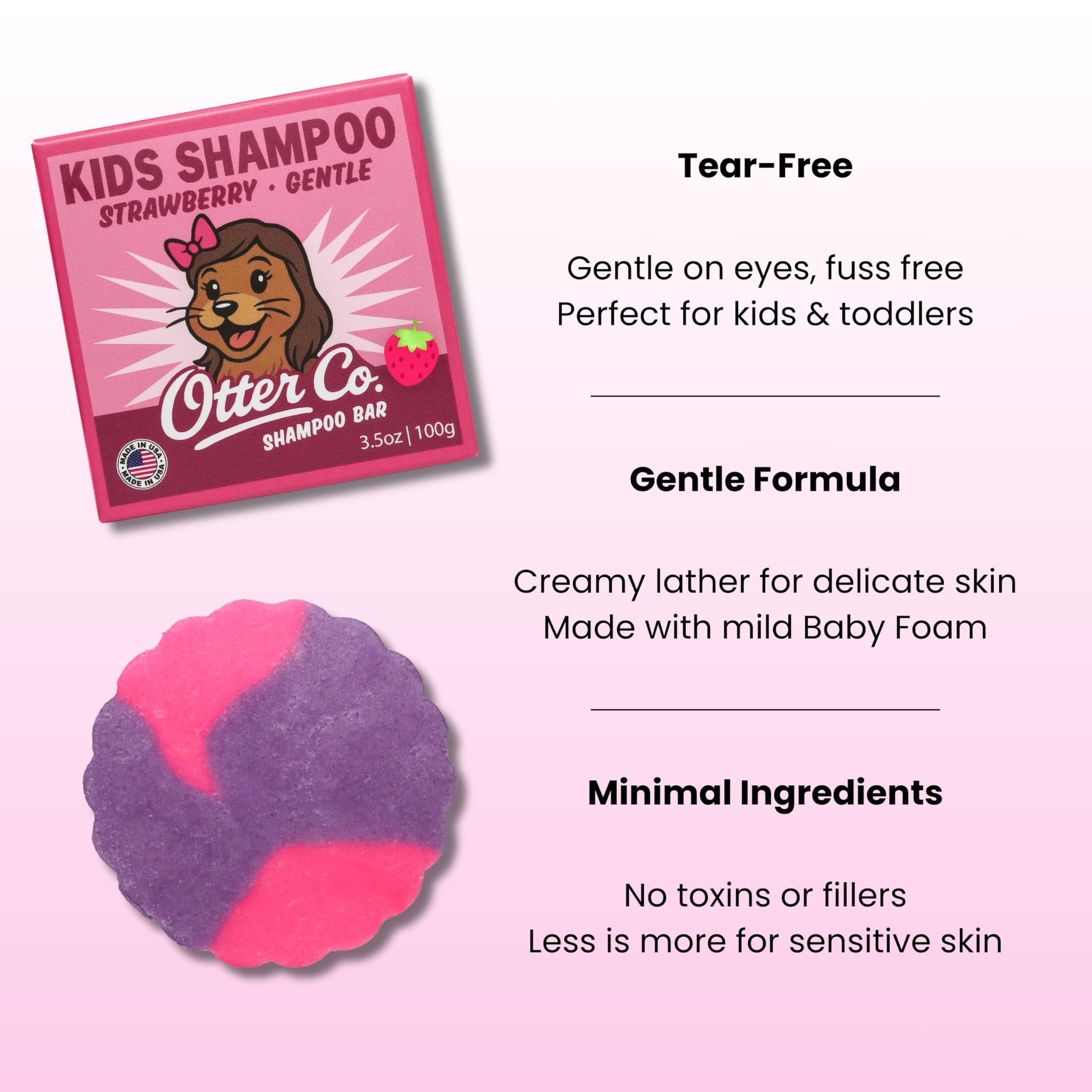 Otter Co Kids Gentle Strawberry Shampoo Bar in hand demonstrates tear-free cleansing for kids